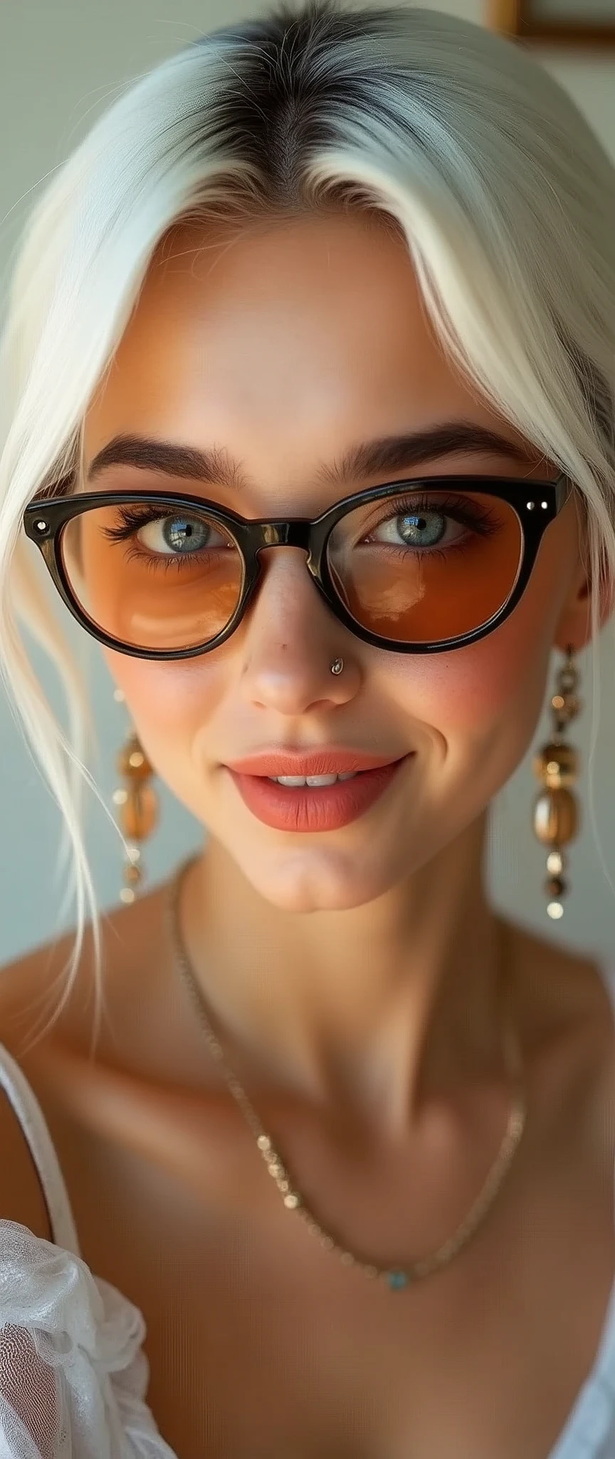 1girl, solo, looking at viewer, smile, blue eyes, jewelry, white hair, earrings, glasses, teeth, hand up, grin, lips, head tilt, makeup, sunglasses, portrait, eyeshadow, round eyewear, tinted eyewear, looking over eyewear, orange-tinted eyewear, blue-tinted eyewear
