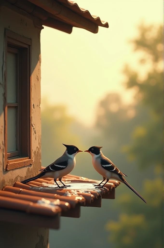 Show little act of kindness real living bird not animated it should look real human generrated picture when in a hot day served water to birds don't show female face just a roof of a old house and birds