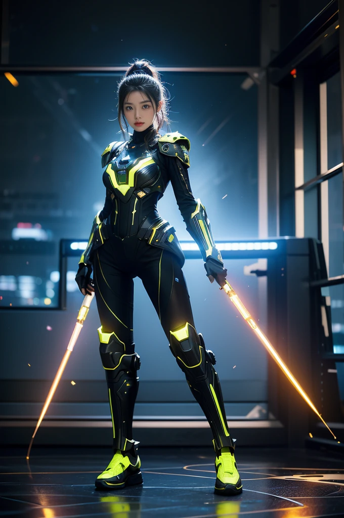 game art,best picture quality,Highest resolution,8k, the girl handling two laser guns, with cyber armor, spark, with light shoes((full body photo)), (rule of thirds),Unreal Engine 5 rendering works, (Future girl),(female warrior), 25-year-old young hacker),(ancient oriental hairstyle),(Beautiful eyes full of details),(big breasts),(eye shadow),Elegant and charming,indifferent,((frown)),(Combat suit full of futuristic technology,The costume combines futuristic power armor and,Clothing is decorated with glittering patterns and emblems),cyberpunk characters,in the style of futuristic, photo poses,spark light background,lamp,Ray tracing,Game CG,((3D Unreal Engine)),OC rendering reflection pattern