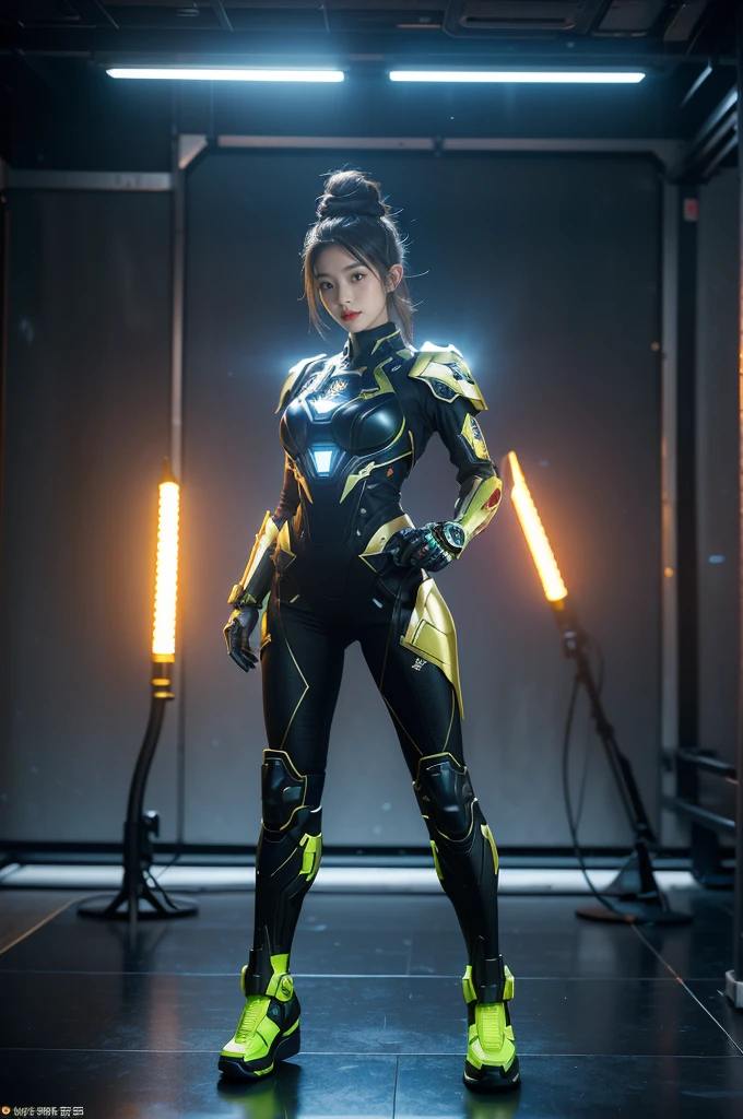 game art,best picture quality,Highest resolution,8k, the girl handling two laser guns, with cyber armor, spark, with light shoes((full body photo)), (rule of thirds),Unreal Engine 5 rendering works, (Future girl),(female warrior), 25-year-old young hacker),(ancient oriental hairstyle),(Beautiful eyes full of details),(big breasts),(eye shadow),Elegant and charming,indifferent,((frown)),(Combat suit full of futuristic technology,The costume combines futuristic power armor and,Clothing is decorated with glittering patterns and emblems),cyberpunk characters,in the style of futuristic, photo poses,spark light background,lamp,Ray tracing,Game CG,((3D Unreal Engine)),OC rendering reflection pattern