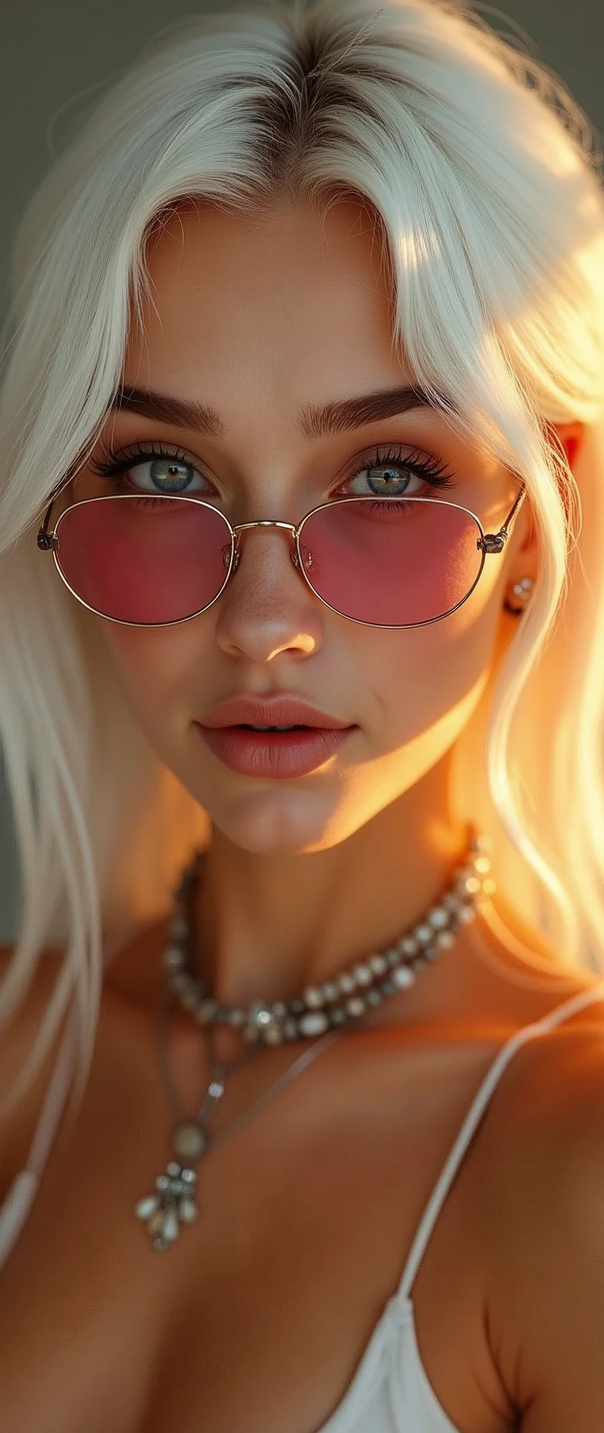 1girl, solo, looking at viewer, smile, blue eyes, jewelry, white hair, earrings, glasses, teeth, hand up, grin, lips, head tilt, makeup, sunglasses, portrait, eyeshadow, round eyewear, tinted eyewear, looking over eyewear, orange-tinted eyewear, blue-tinted eyewear