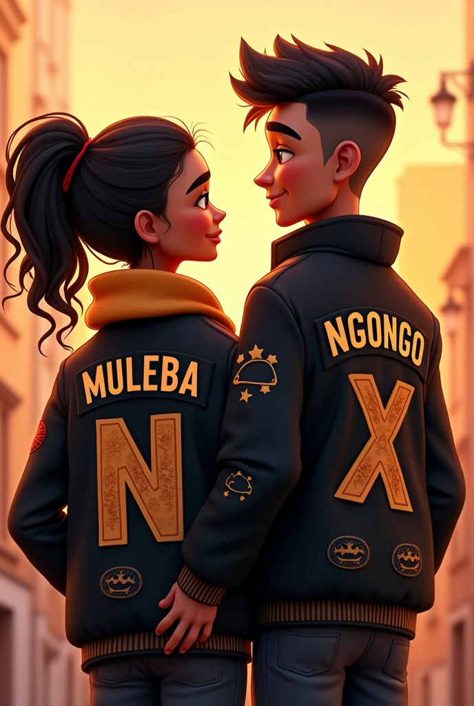 Animated man and woman couple, with muleba and ngongo;s initials on their black jackets