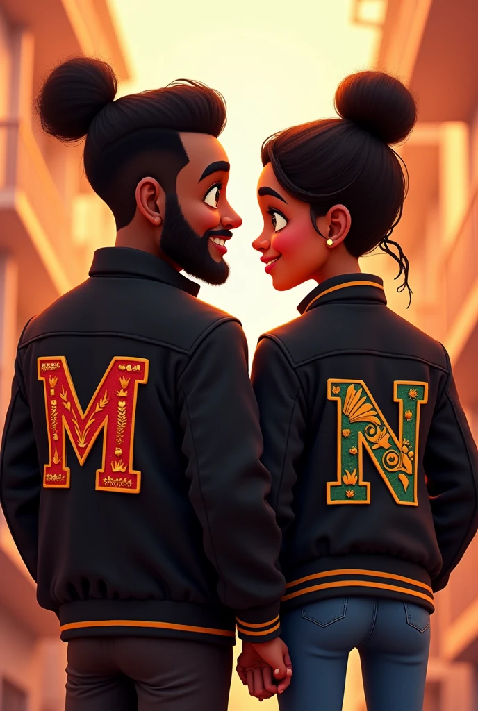 Animated man and woman couple, with muleba and ngongo;s initials on their black jackets