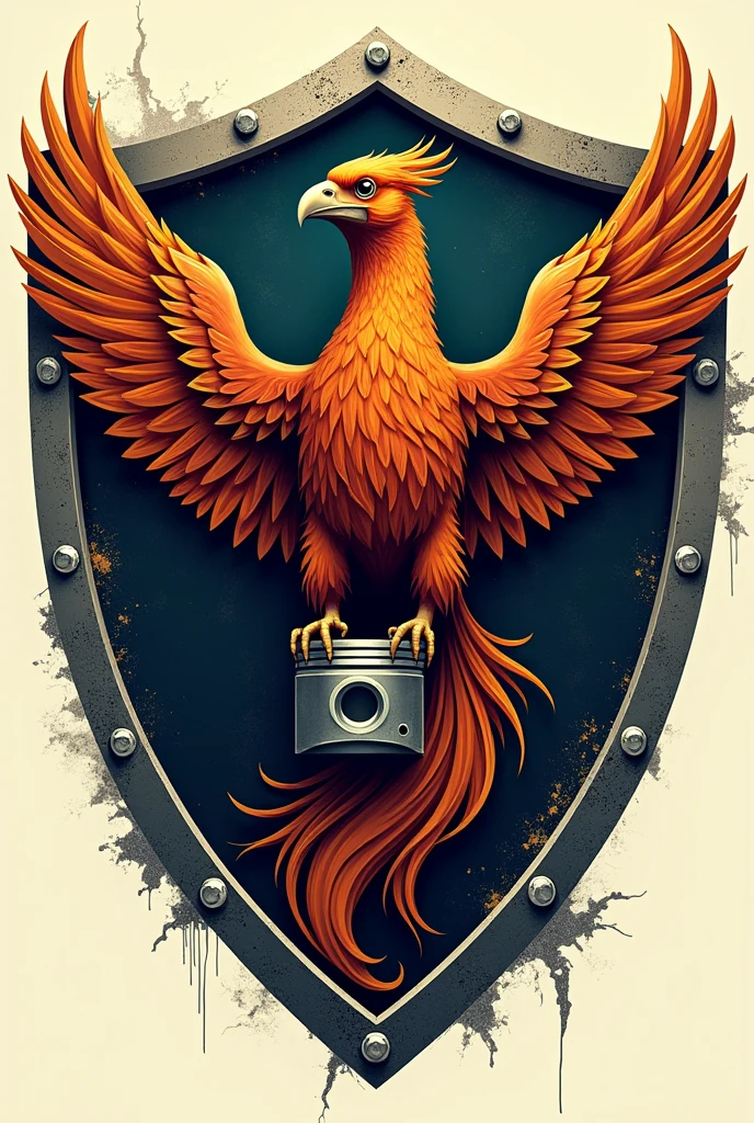 Logo of a phoenix bird inside a shield with deterioration with a complete piston held by its legs and a motorcycle chain on its. neck