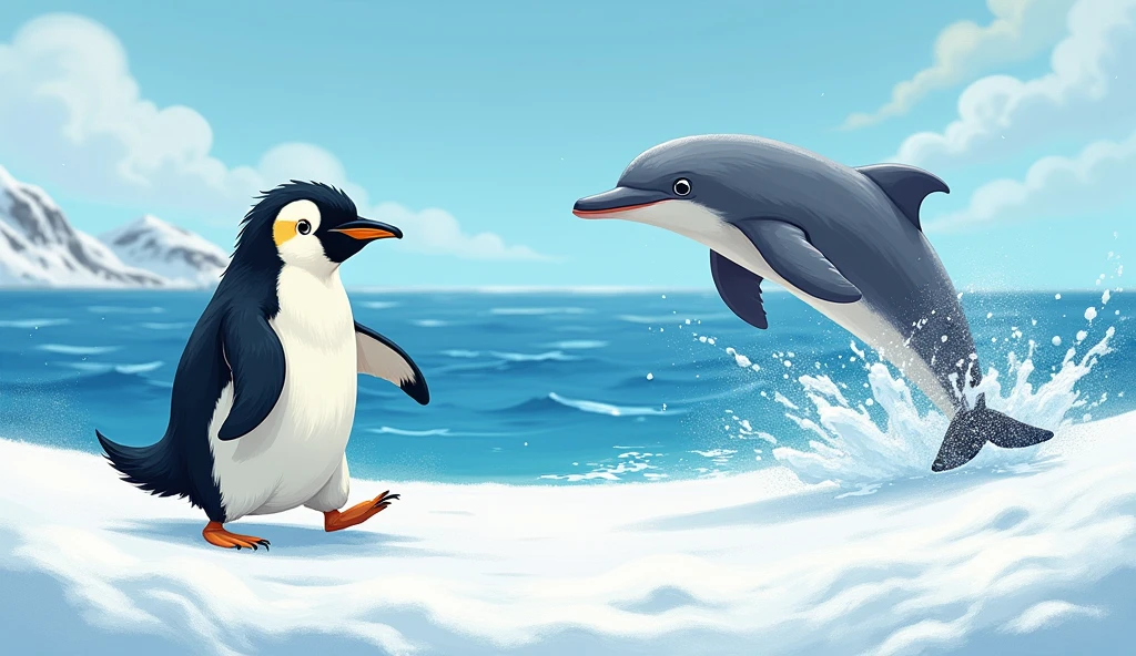 The penguin waddles in the snow,
In the cold, where the winds blow.
The dolphin splashes in the sea,
Playing games so happily!