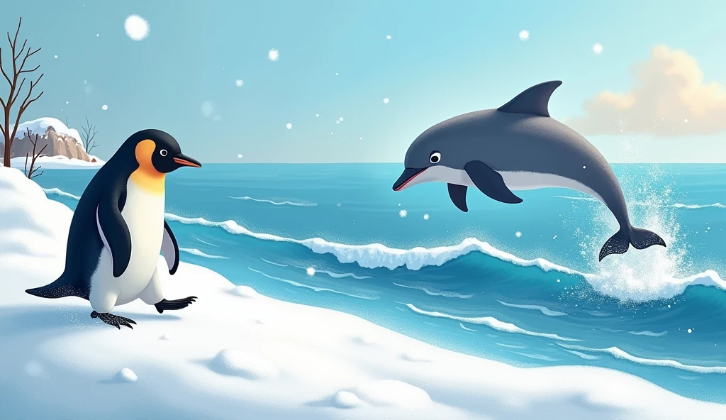 The penguin waddles in the snow,
In the cold, where the winds blow.
The dolphin splashes in the sea,
Playing games so happily!