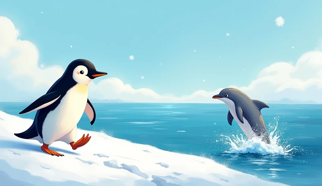 The penguin waddles in the snow,
In the cold, where the winds blow.
The dolphin splashes in the sea,
Playing games so happily!