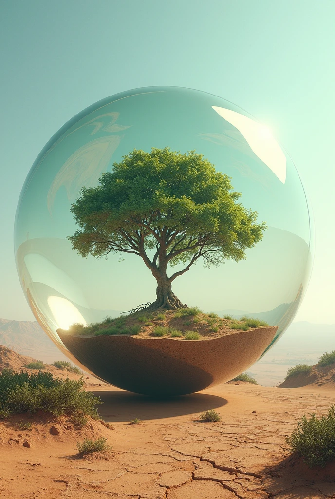 Araped Image of a Tree Inside a Glass Sphere in a Desert Landscape, Life Tree inside a Sphere, surreal digital art워크, surrealism 8k, surreal digital art, surreal art, hyperrealistic 3D rendering, 3D Rendering Digital Art, Mark Adams, Surreal Concept Art, 3d rendering beeple, Stylized digital art, 4K Surrealism