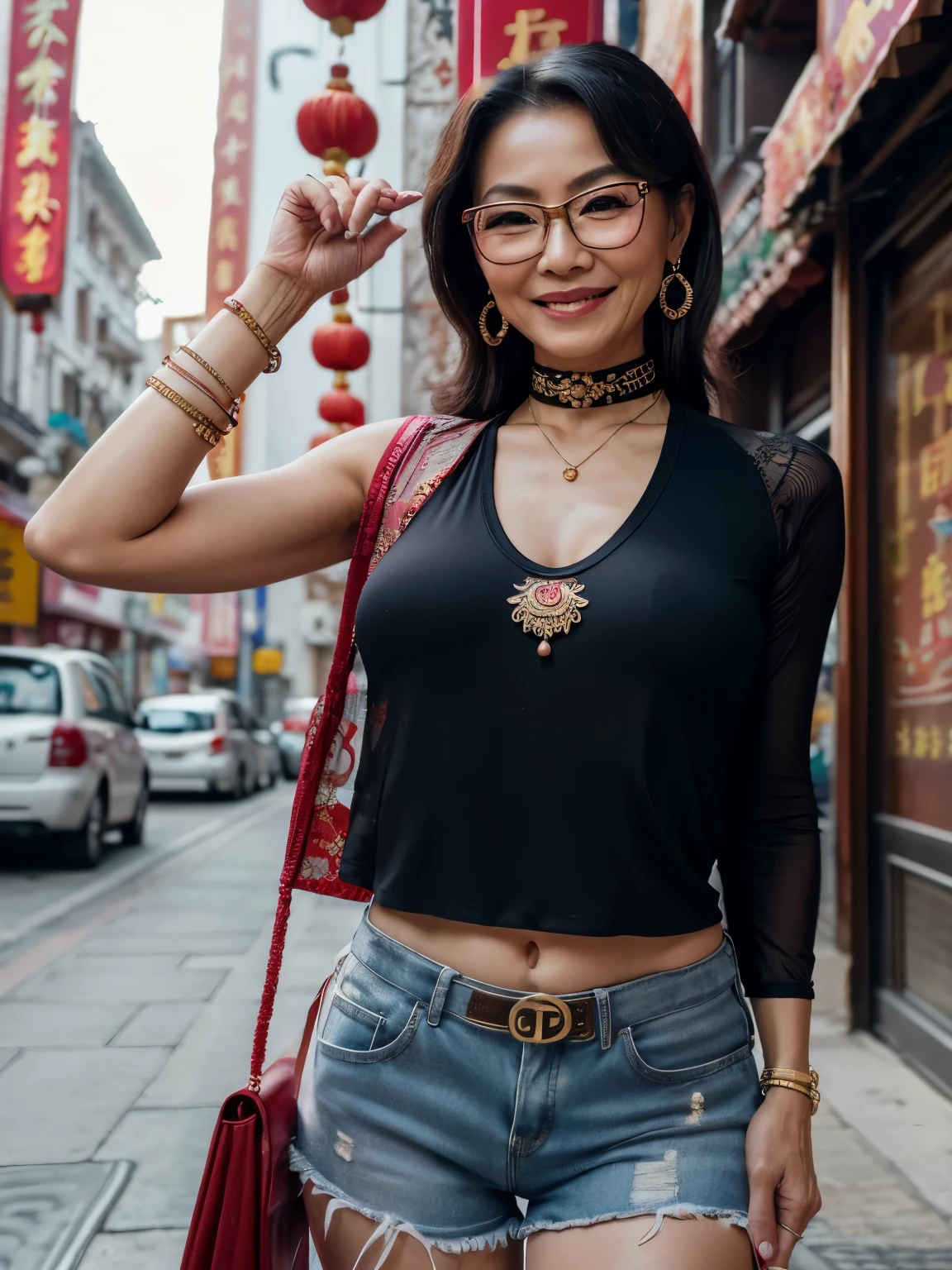 88 years old mom milf Chinese Lady large earring Big choker navel piercing decoration A bracelet realisitic Gorgeous Madame Beautiful Mature Woman sexly Smile Gentle woman navel piercing 4K High quality Chinatown crowd Sports bra Glasses