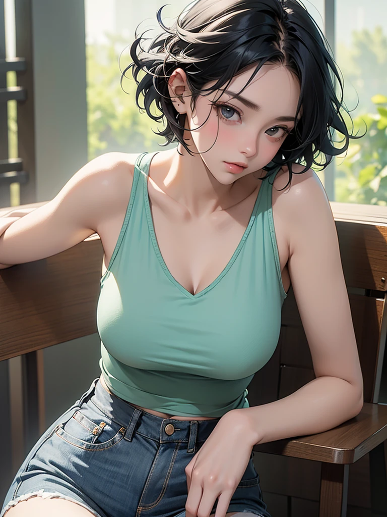 A fit young woman in her 20s. short curly blue hair, wearing a green tank top and grey shorts. no background. on the stage. 카메라를 바라본다
huge boobs."A model leaning forward while sitting on a chair, her elbows resting on her knees, her hands clasped together, and her chin resting on her hands, giving a seductive, intense gaze directly into the camera."