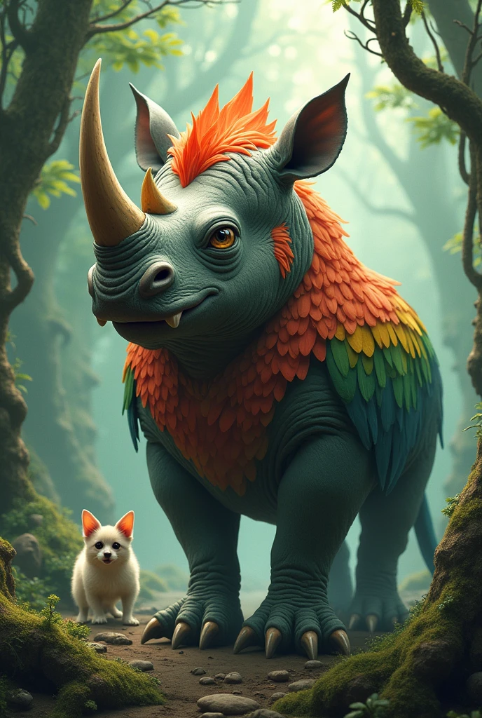 A mythical creature, made of chicken, Parrot, kitty, rhinoceros and chihuahua