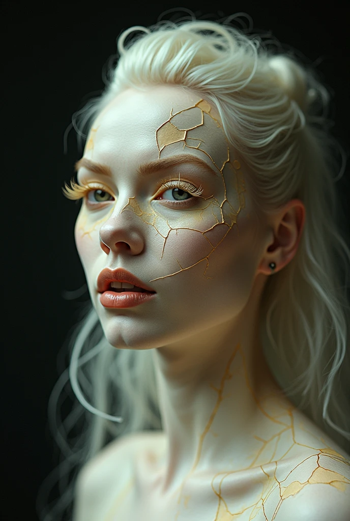 Do an egg drag queen make-up, a white skin with baby yellow tones, faça que tenha detalhes de cracks de ovo, cracks