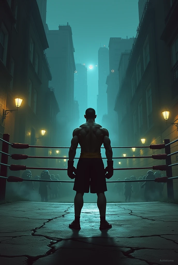 Boxer in a boxing ring in the middle of a dark and lonely street Aliens
