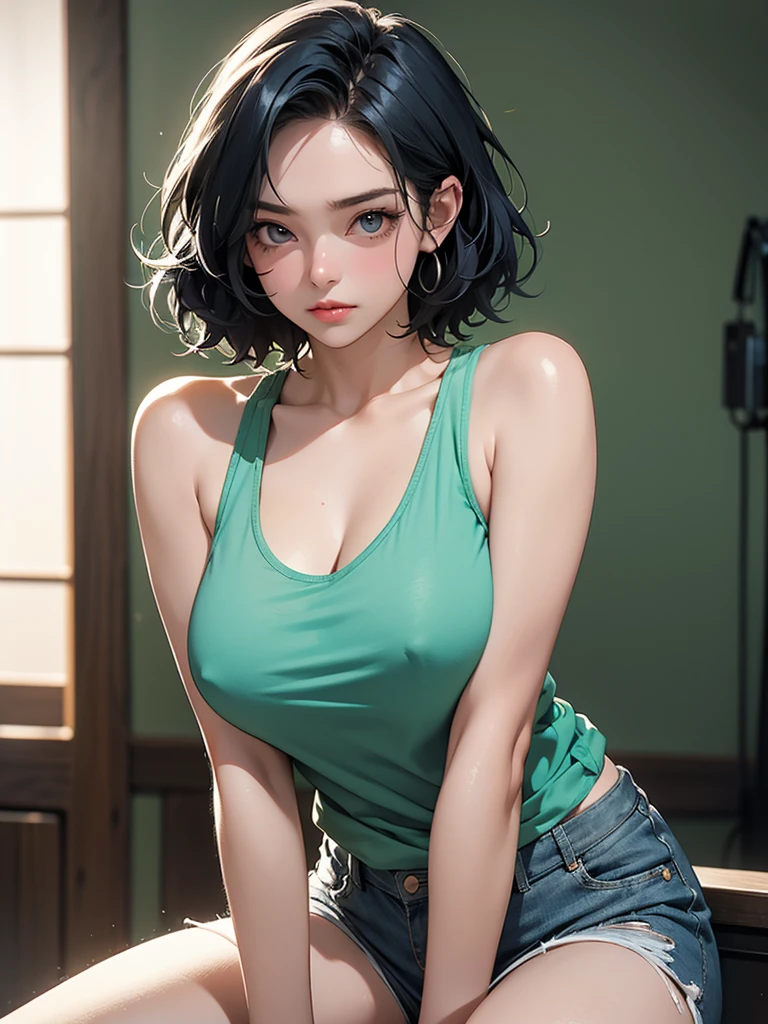 A fit young woman in her 20s. short curly blue hair, wearing a green tank top and grey shorts. no background. on the stage. 카메라를 바라본다
huge boobs."A model leaning forward while sitting on a chair, her elbows resting on her knees, her hands clasped together, and her chin resting on her hands, giving a seductive, intense gaze directly into the camera."