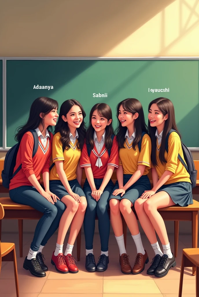 6 female besties their names are ananya Sifa himani aayushi sabrin nilanjal and their names are written in their school uniform and they sitting on a bench in their class