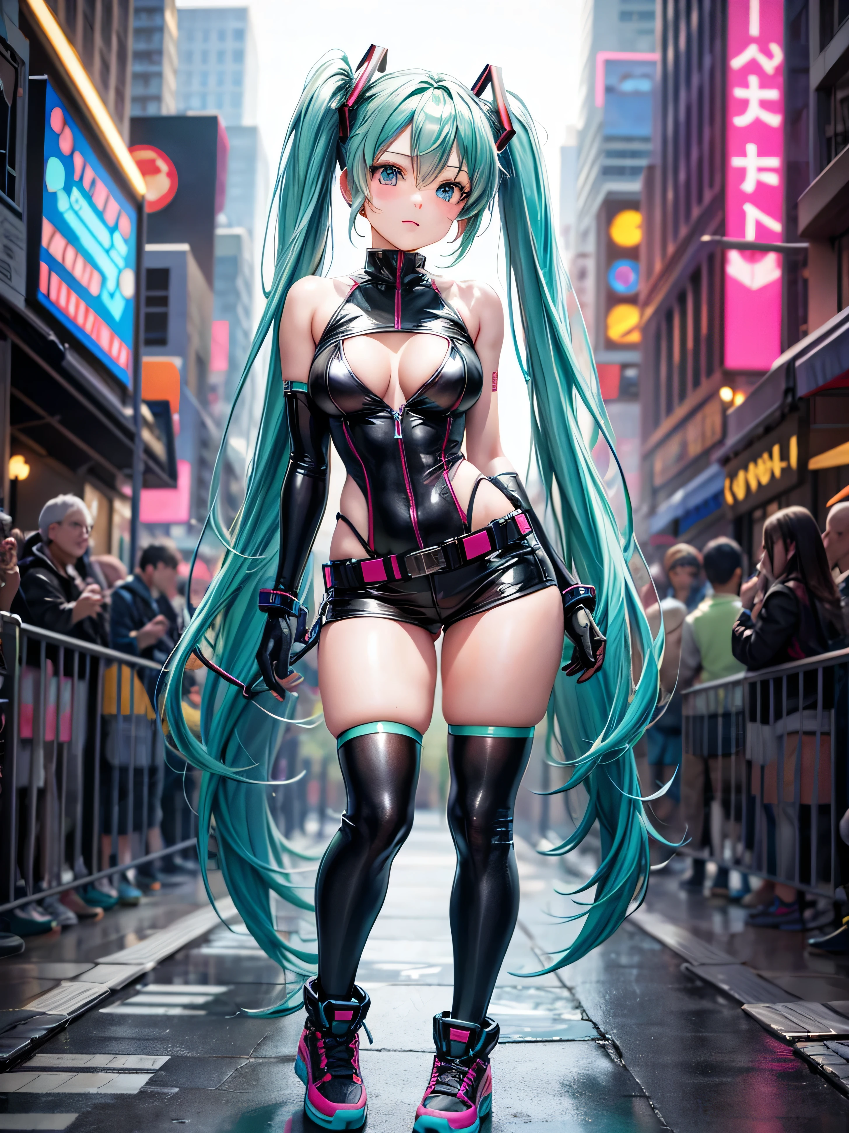 ((Hatsune Miku)), (heavy blushing), ((luminous design)), blue hair, pink eyes, seductive expression, (lewd), (ecchi), (cyberpunk), (punk), big tits, choker, rave, wristband, sexy, submissive, ((natural lighting)), (radiosity, ambient occlusion, anisotropic filtering), ((hdr rendering, vector, digital art)), upper body, anime, neon bikini, full body, (photorealistic), (arms behind back), 