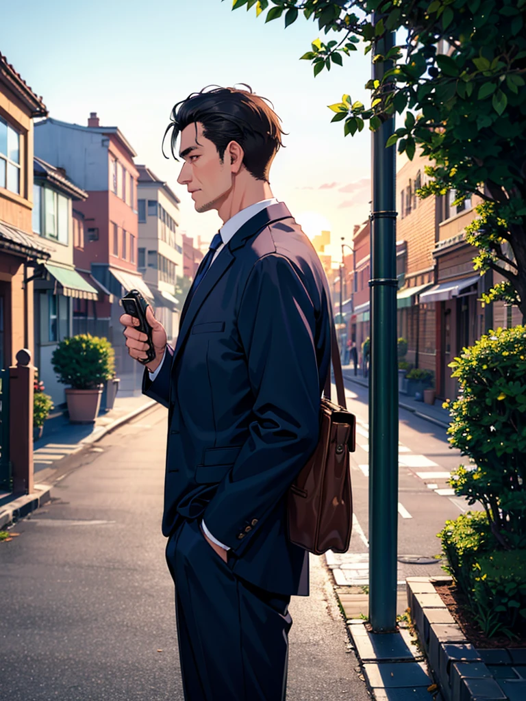 Masterpiece, Top Quality, Super Detail, 1 Man in his 40s, Male Focus, Handsome, Residential Area, Fence, Spindle Tree, Afternoon Sun, After School, Suit, Hand-held Bag, Flock of Birds, Right From the Side, Depth of Field