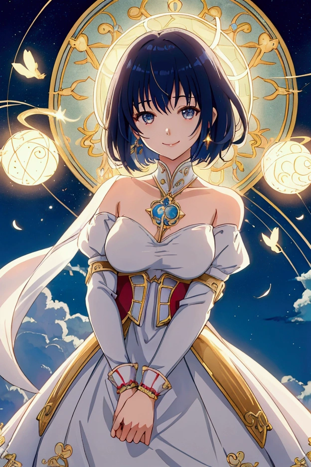 A refreshing woman、Shortcuts、smile、masterpiece, Highest quality, Movie stills, bright, Anime Style, Happy, shine、Age 23、happiness、null、cloud、星null、Warm and soft lighting, Fortune teller's attire, mysterious、