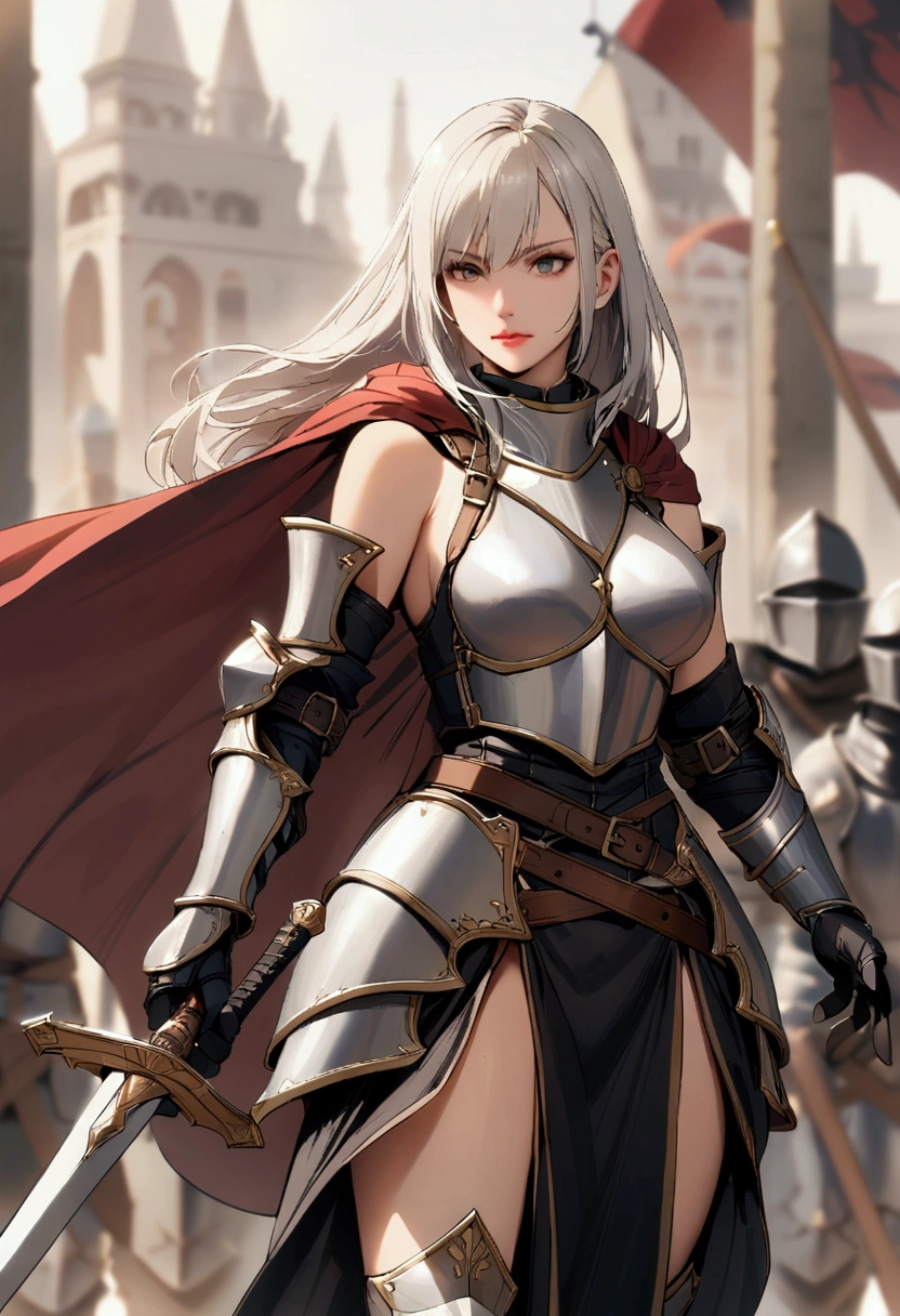 slender, mature female,1girl, long_hair, white_hair, blurry, bare_shoulders, blonde_hair, standing, breasts, depth_of_field, grey_hair, , weapon, sword, holding, gloves, holding_weapon,black_gloves, holding_sword, cape, belt,knight, armor, elbow_gloves, sheath, armored_dress, gauntlets,sheathed, flag, vambraces