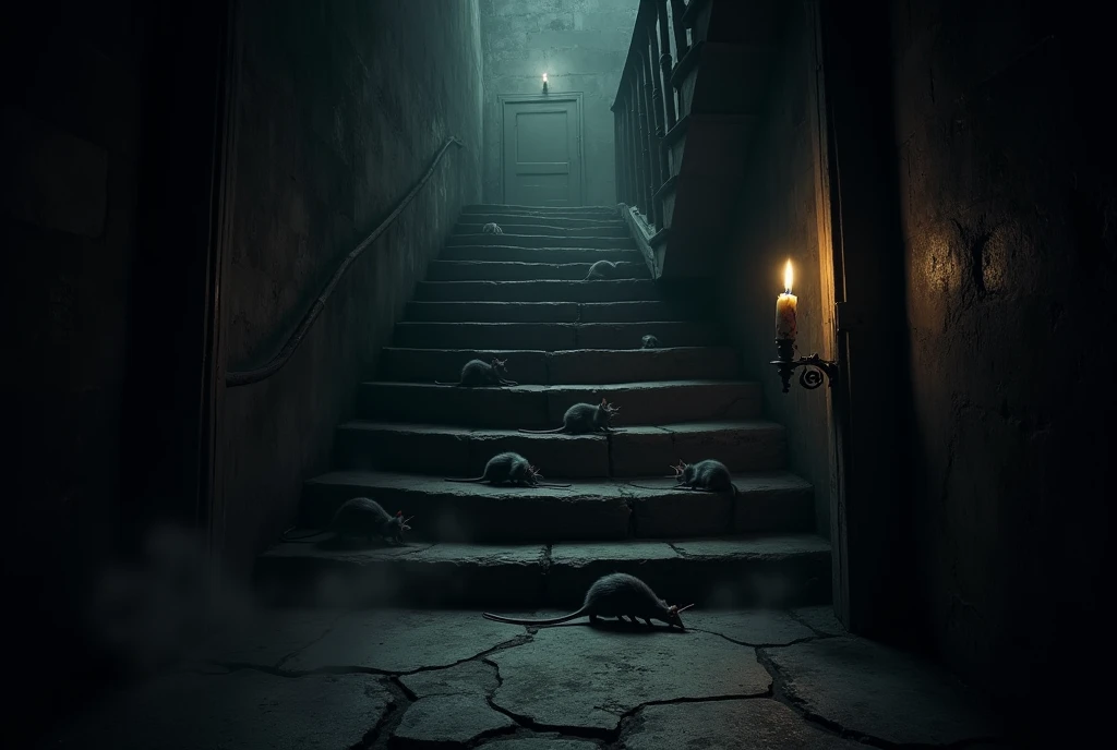 stairs leading to basement candle Creepy A little fog A group of rats