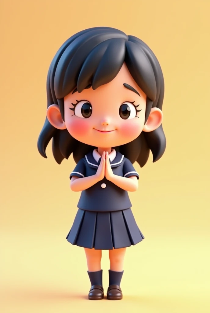 A 3D cartoon girl wearing a dark blue short-sleeved school uniform with a dark blue skirt is bowing, facing forward.