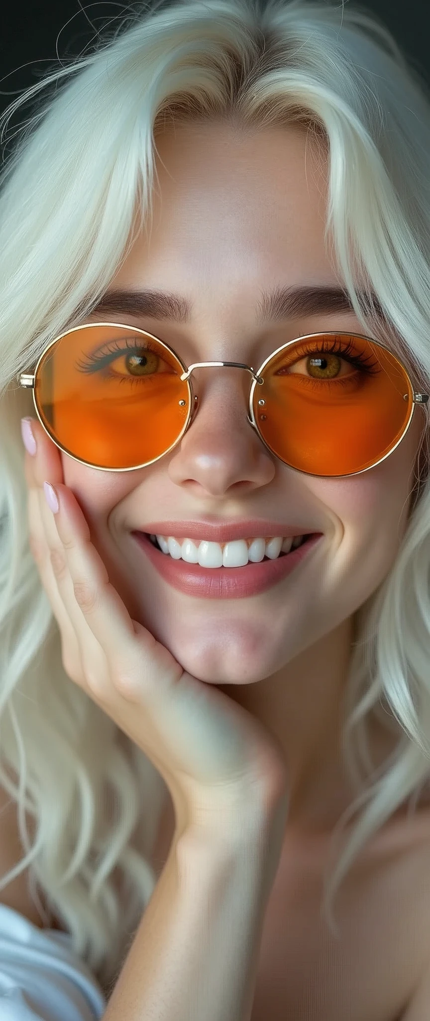 A close-up portrait of a girl with striking white hair and piercing blue eyes. She looks directly at the viewer with a radiant grin, her teeth gleaming behind slightly parted lips. Her hand is raised, resting on her cheek as she tilts her head in a charming pose. Framed by orange-tinted round eyewear, her eyes sparkle with mischief. A delicate earring glints on each earlobe, and her makeup accentuates her features. The overall lighting is soft and natural, with a slight warmth that complements her porcelain complexion.