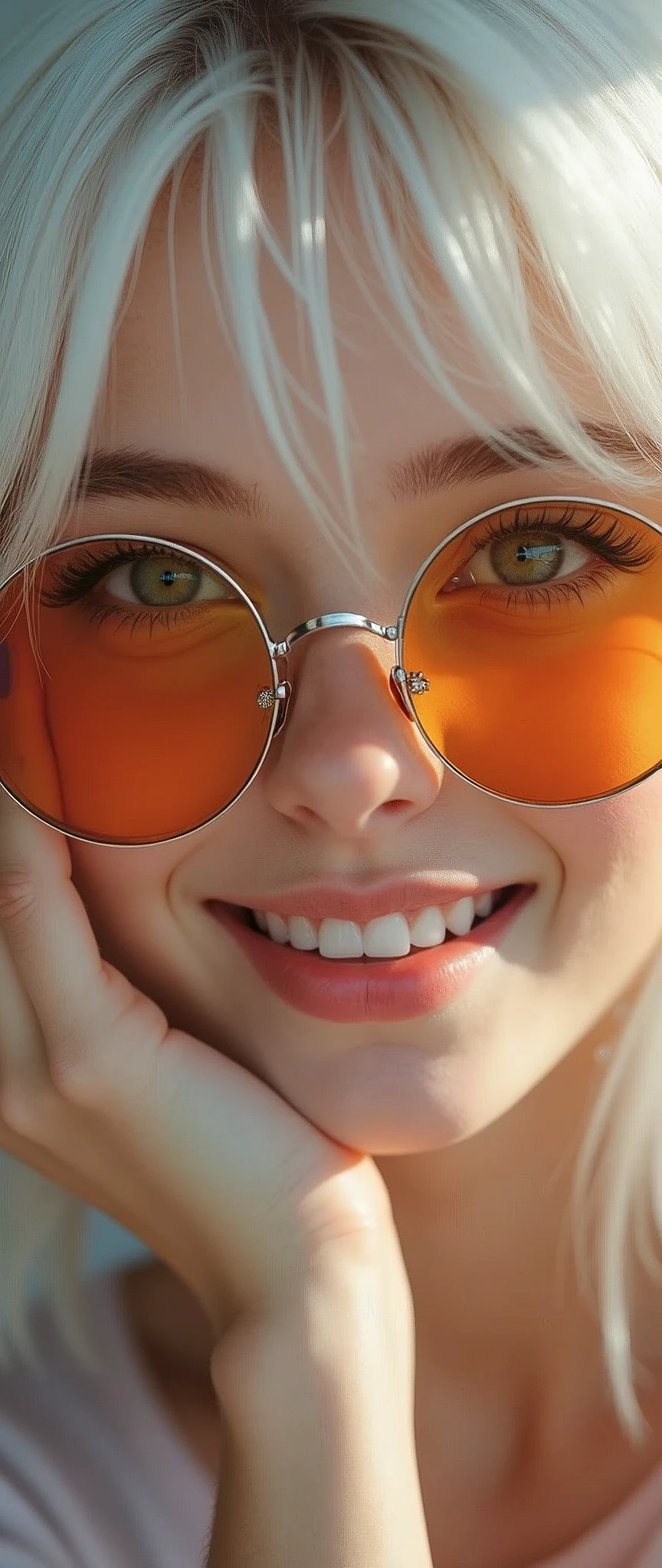 A close-up portrait of a girl with striking white hair and piercing blue eyes. She looks directly at the viewer with a radiant grin, her teeth gleaming behind slightly parted lips. Her hand is raised, resting on her cheek as she tilts her head in a charming pose. Framed by orange-tinted round eyewear, her eyes sparkle with mischief. A delicate earring glints on each earlobe, and her makeup accentuates her features. The overall lighting is soft and natural, with a slight warmth that complements her porcelain complexion.