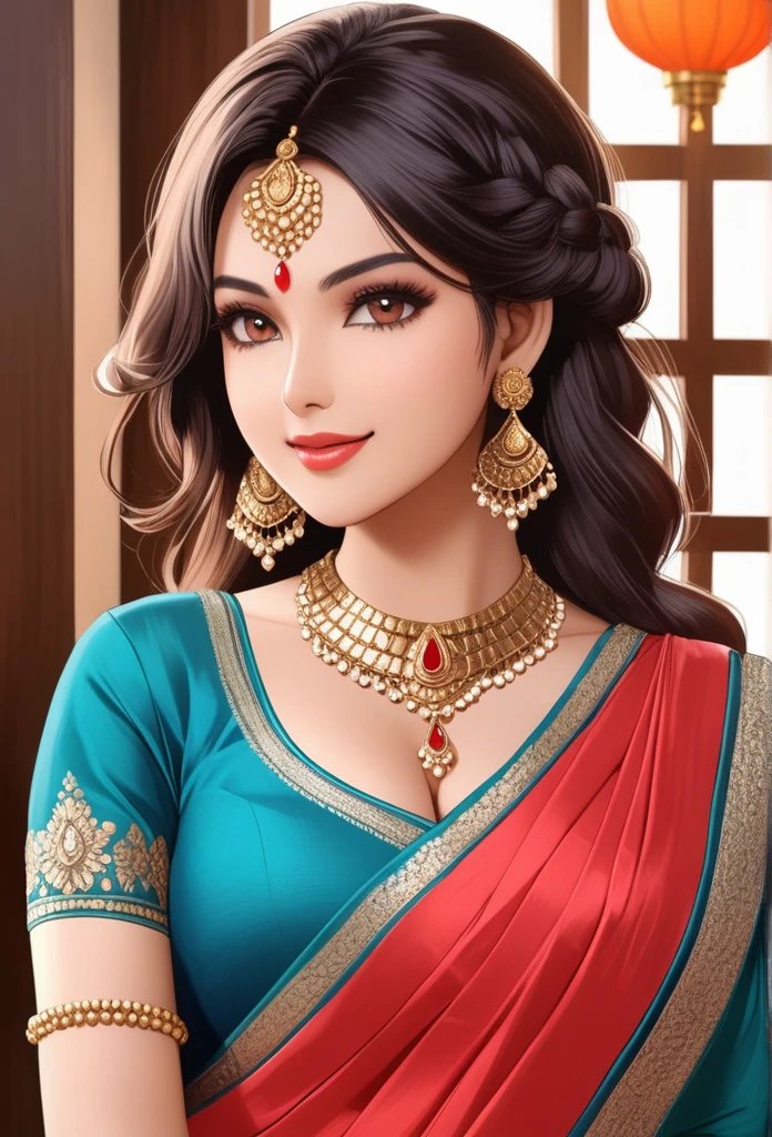 Kriti sanon wearing a beautiful saree,photorealistic, best quality, masterpiece, realistic, highres, absurdres, kr1t1 , ((vector)),Portrait of A stunning Indian woman, see through dress , Beautiful symmetric detailed eyes. Big breast, fit body., necklace , makeup, red lipstick ,big jhumka earrings