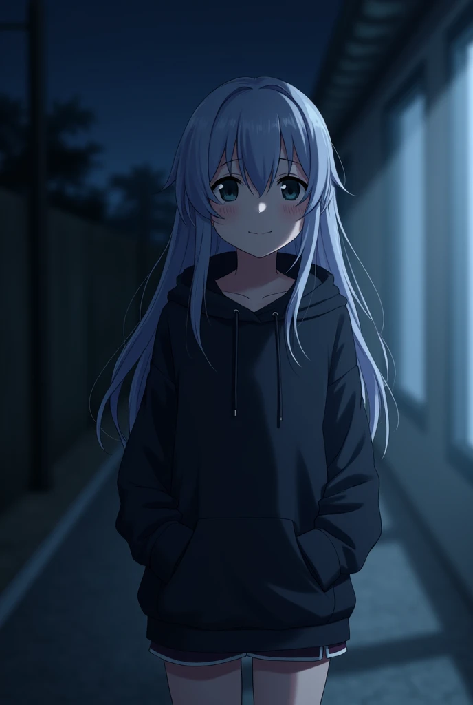 outdoors, standing, gray long hair (smiley face)
white light shining from the right,black eyes, night,Anime girls,Wearing a black hoodie