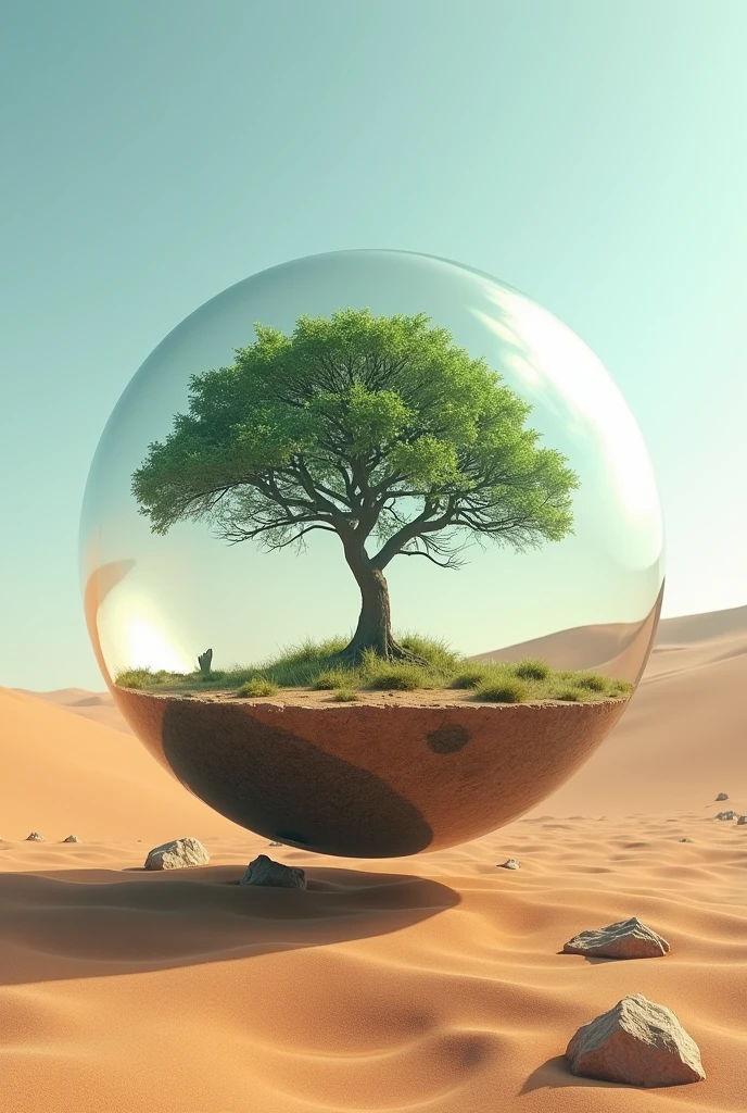 Araped Image of a Tree Inside a Glass Sphere in a Desert Landscape, Life Tree inside a Sphere, surreal digital art워크, surrealism 8k, surreal digital art, surreal art, hyperrealistic 3D rendering, 3D Rendering Digital Art, Mark Adams, Surreal Concept Art, 3d rendering beeple, Stylized digital art, 4K Surrealism