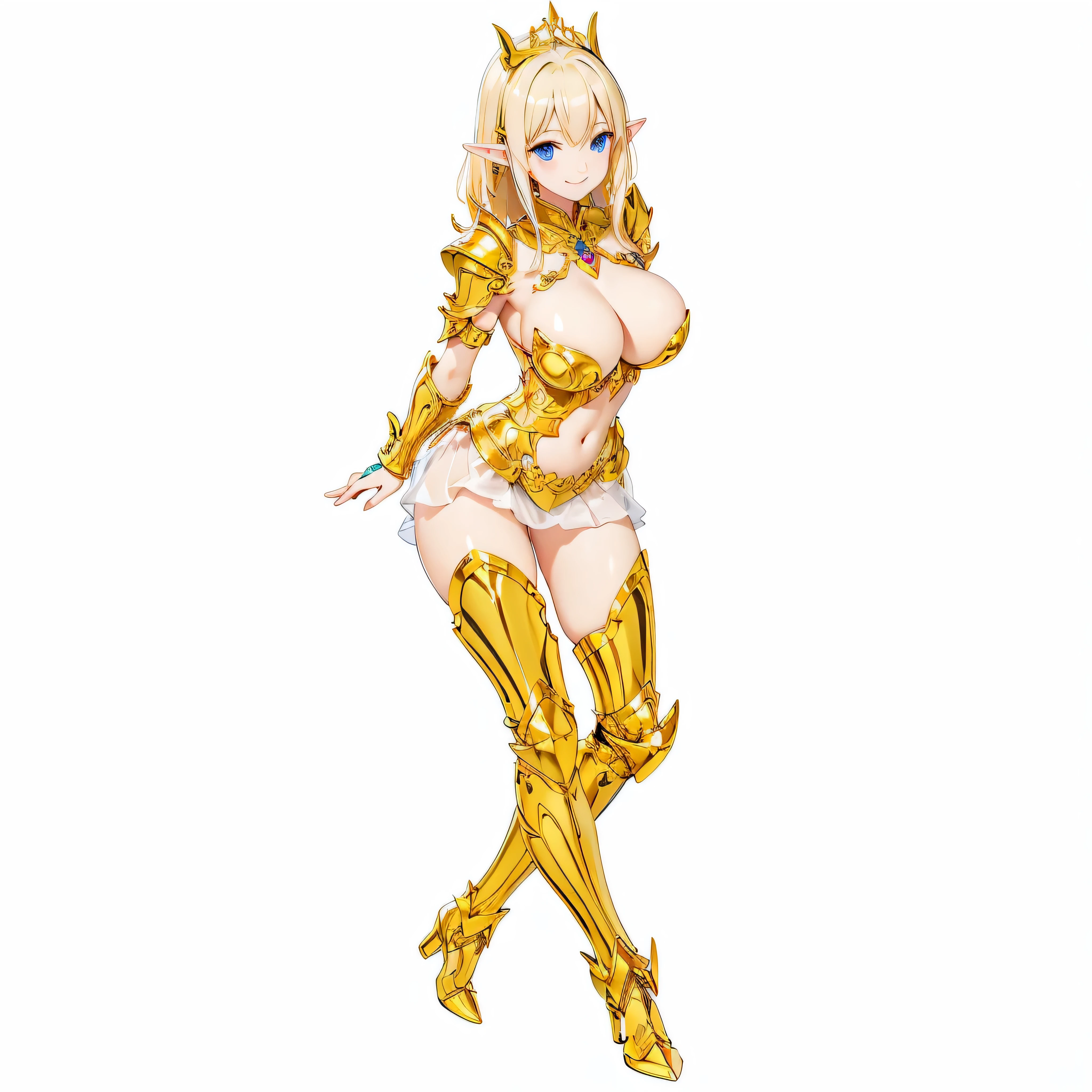 Highest quality、Very detailed、High resolution、16k、Thin contours、耳の長いElf、Nipples are visible、Shining golden armor、Gold bikini armor、Very large breasts、Extremely transparent skirt、Wearing black pants、chest proportion、Smile of the Goddess、Very white skin、Beautiful fingers、Perfect Style、Elf、No bra、Blonde hair and blue eyes、Cool smile
