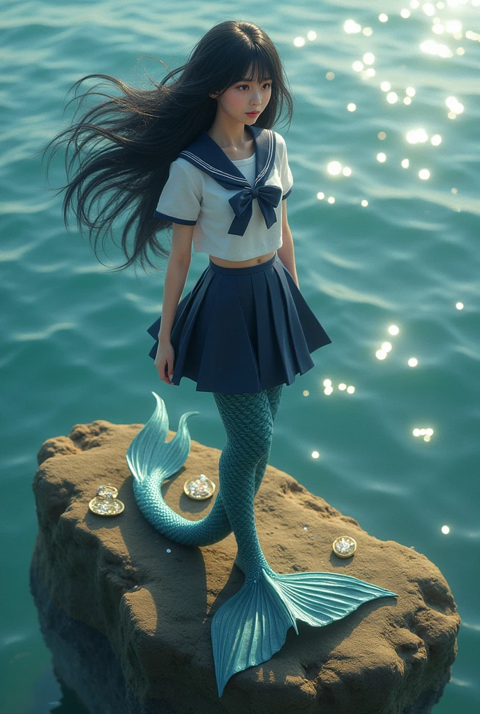 A mermaid with voluminous black hair and a beautiful tail wearing a sailor school uniform.、Mr.々He is standing on a rock with a coin., diamond, あなたの周りのdiamond 