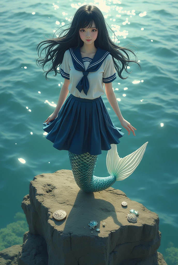A mermaid with voluminous black hair and a beautiful tail wearing a sailor school uniform.、Mr.々He is standing on a rock with a coin., diamond, あなたの周りのdiamond 