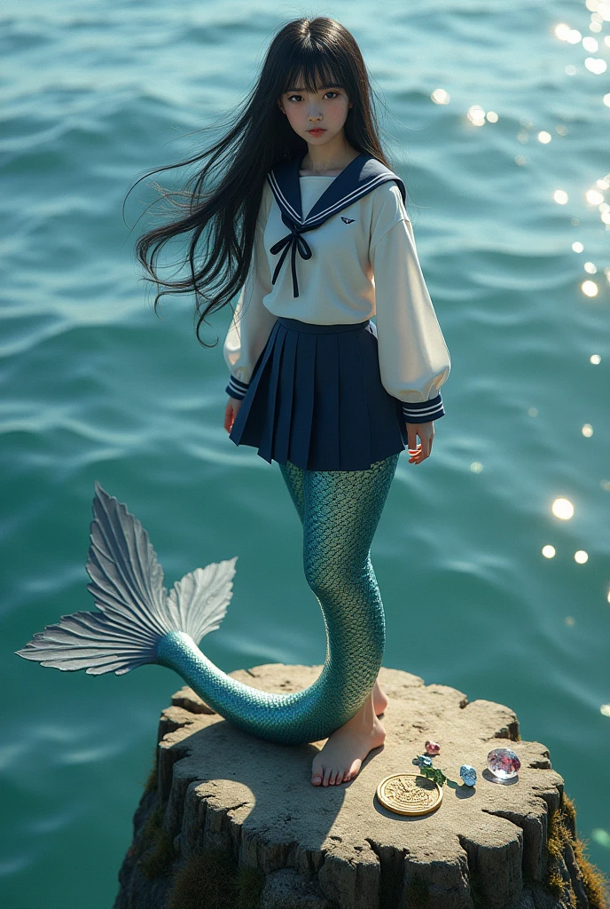 A mermaid with voluminous black hair and a beautiful tail wearing a sailor school uniform.、Mr.々He is standing on a rock with a coin., diamond, あなたの周りのdiamond 