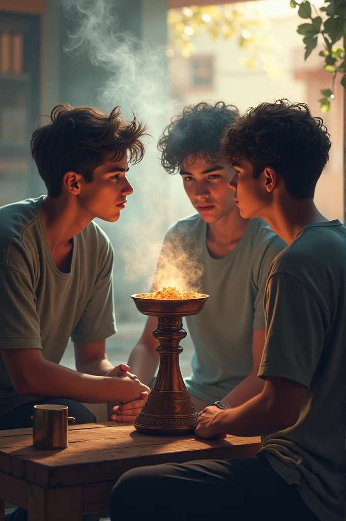 A grop of three boys they were smoking a hookah and there was so much smoke in her face 