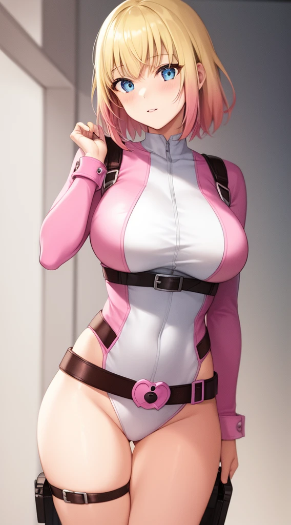 gwenpool, 1girl, blonde hair, multicolored hair, solo, blue eyes, short hair, gradient hair, belt, two-tone hair, pink hair, large breasts, a large boob hole 