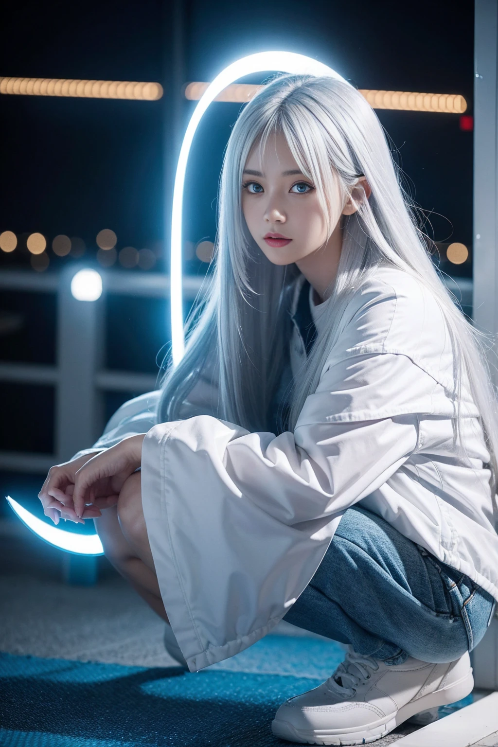 Second dimension girl,Watching you,Beautiful eyes,,Long hair,Aho,Squatting,illustration,pixiv,Flat coating,White hair,A blue technological halo floats above his head,Bright blue pupils