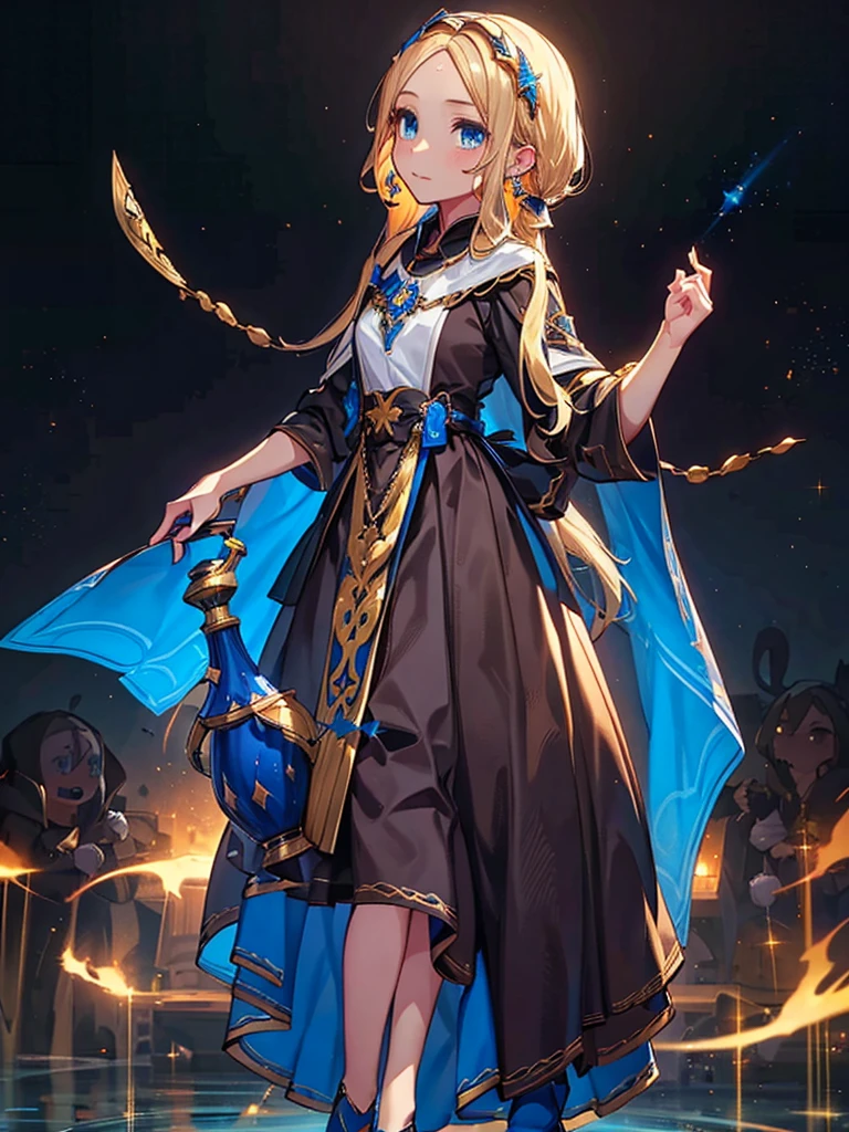 Black background with spotlight, fantasy class,saint, One person,holy, Blonde,Medium Hair, blue eyes, Blue Earrings, 白いholyドレス,long heavy dress, (saint holy hin:0.8), Cowboy Shot,Looking_in_Audience