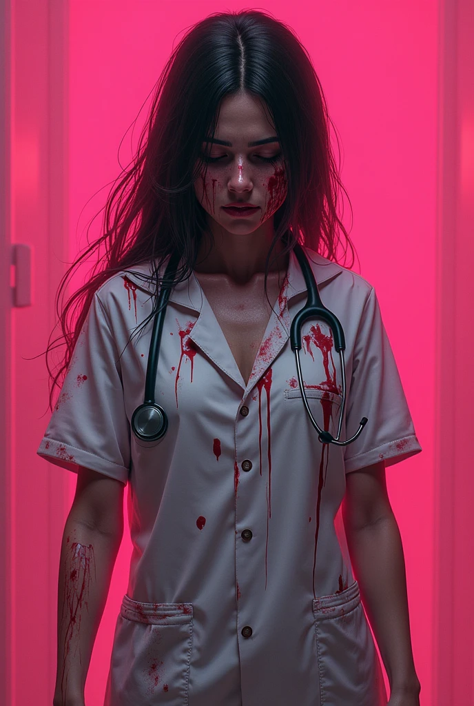 Female doctor covered with blood and wounds with sad face with pink background 
