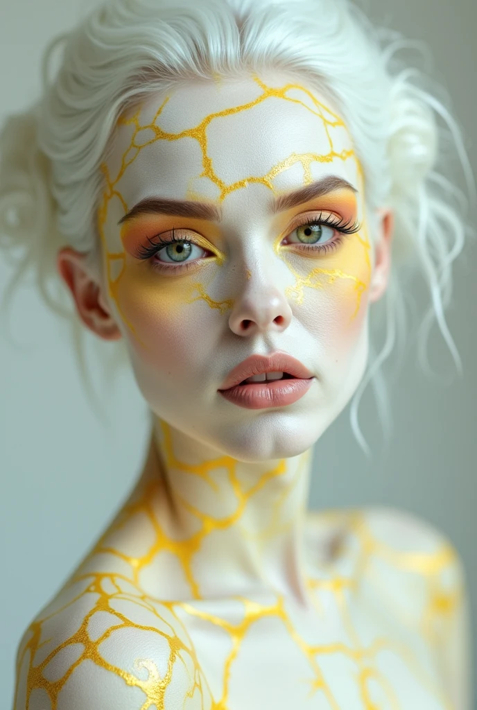 Do an egg drag queen make-up, a white skin with baby yellow tones, make it have details of egg cracks, cracks with white skin