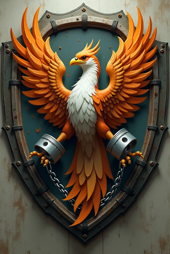 smooth phoenix inside a shield with deterioration with a complete piston held in each paw , with a motorcycle chain on his. neck 