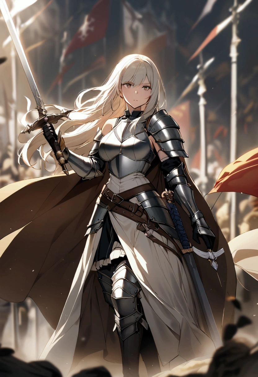 slender, mature female,1girl, long_hair, white_hair, blurry, bare_shoulders, blonde_hair, standing,  breasts, depth_of_field, grey_hair, , weapon, sword, holding, gloves, holding_weapon,black_gloves, holding_sword, cape, belt,knight, armor, elbow_gloves, sheath, armored_dress, gauntlets,sheathed, flag, vambraces