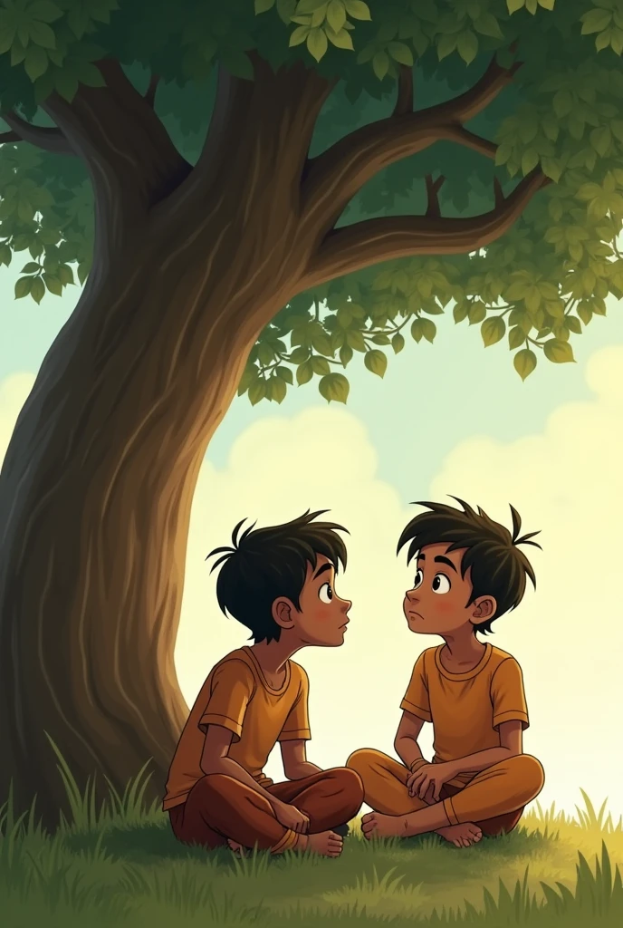 छोटू, with a thoughtful expression, sharing his plan with मोनू, who is listening intently, both boys sitting under the same tree from the first scene.