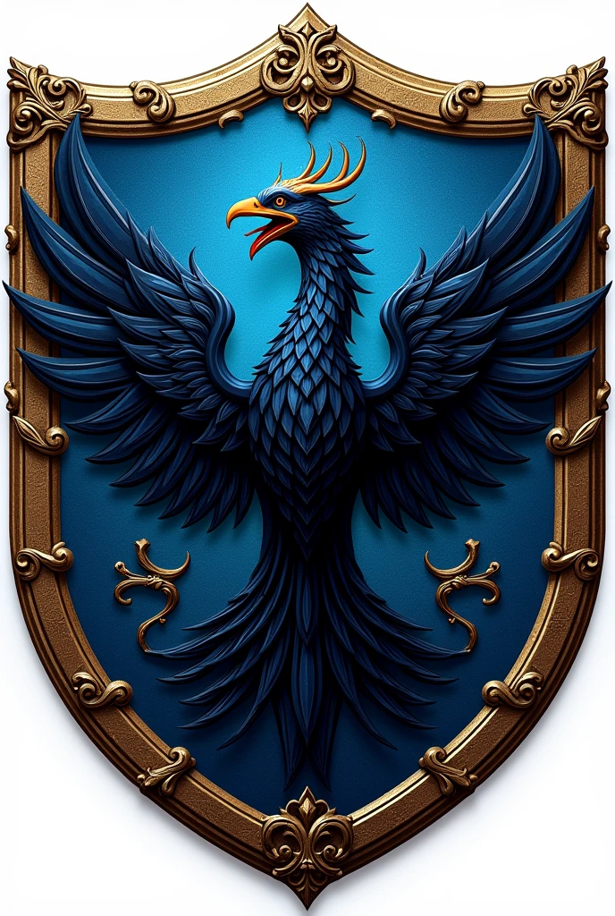 Coat of arms of the Camarena family with black and blue, with a phoenix in the center 