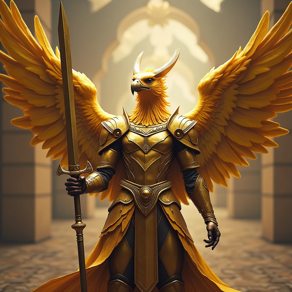 Garuda,holding a sword,spread wings,gold color,iron armor