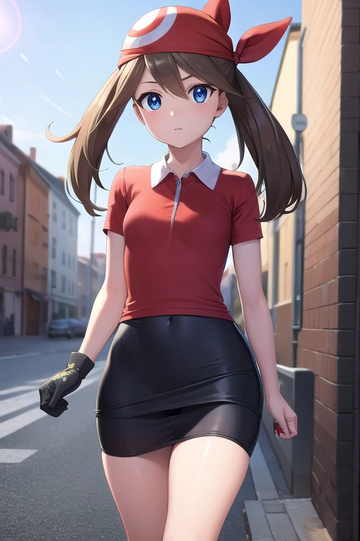 pokemonmay, pokemonmay, blue eyes, brown hair, bandana, long hair, red bandana, twintails, hair between eyes, (small breasts:1.2),
BREAK bike shorts, collared shirt, gloves, microskirt, multicolored shirt, pencil skirt, red shirt, shirt, short sleeves, skirt, white skirt,
BREAK looking at viewer, upper body, full body,
BREAK outdoors, city, sky, sun,
BREAK (masterpiece:1.2), best quality, high resolution, unity 8k wallpaper, (illustration:0.8), (beautiful detailed eyes:1.6), extremely detailed face, perfect lighting, extremely detailed CG, (perfect hands, perfect anatomy),