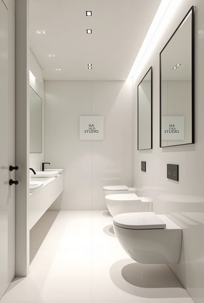 An exquisitely designed office bathroom, adorned with a sign reading “IA CCS STUDIO,” exudes an air of elegance and sophistication. Sleek modern fixtures and pristine white walls convey a sense of luxury and professionalism.
