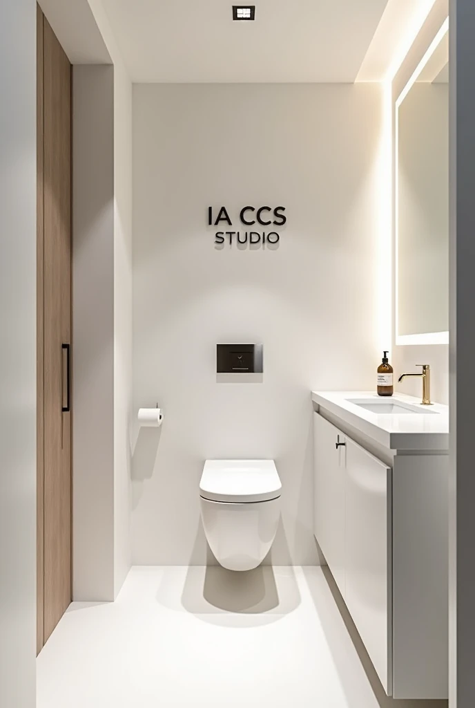 An exquisitely designed office bathroom, adorned with a sign reading “IA CCS STUDIO,” exudes an air of elegance and sophistication. Sleek modern fixtures and pristine white walls convey a sense of luxury and professionalism.
