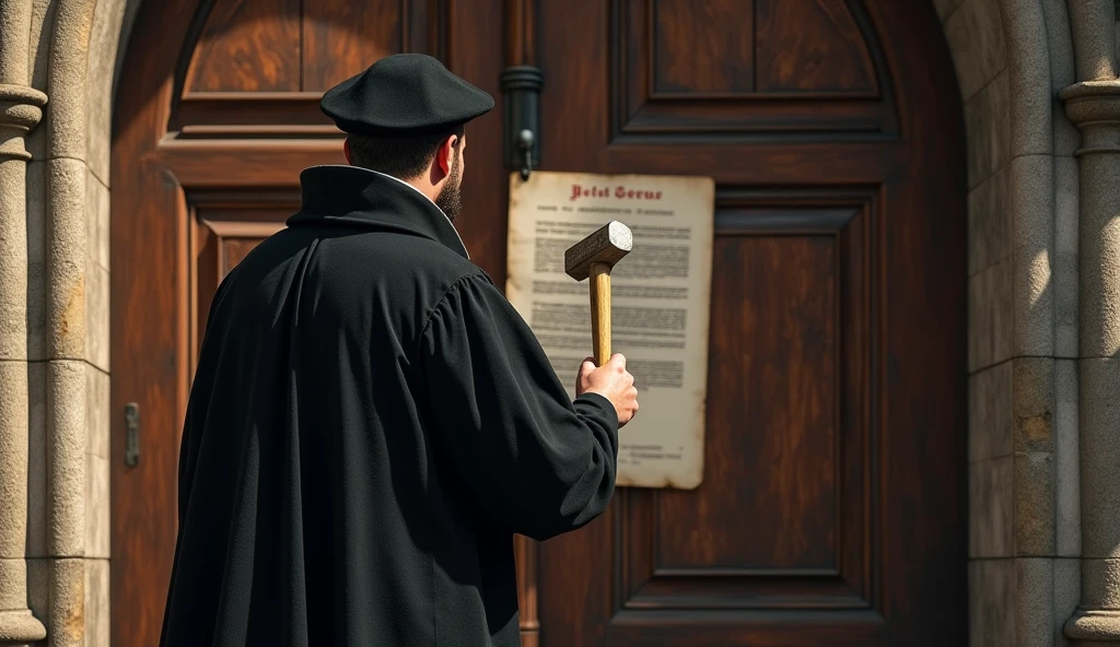 "Historical Portrait of Martin Luther, wearing a black robe and a period hat, posting his 95 Theses on the door of Wittenberg Church. Luther stands in a firm and resolute posture, using a hammer to nail the document. The scene is set against the facade of the church, with a period atmosphere that includes an old wooden door and gothic architecture. The lighting should highlight Luther and the document, emphasizing the significant act and the historical impact of this moment