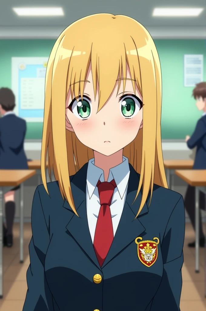 Screenshot of my hero academia.
Girl with straight blonde hair. He has light green eyes, and has a calm expression. Tez blanca. is thin. He is wearing the UA uniform and has a UA school class in the background..